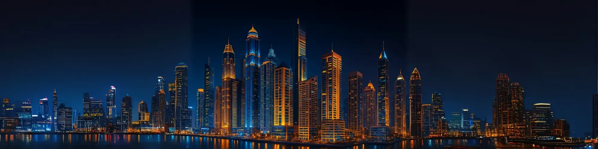 Vibrant night skyline of modern Dubai towers illuminated in blue and orange tones, symbolizing real estate growth and opportunity in the UAE.
