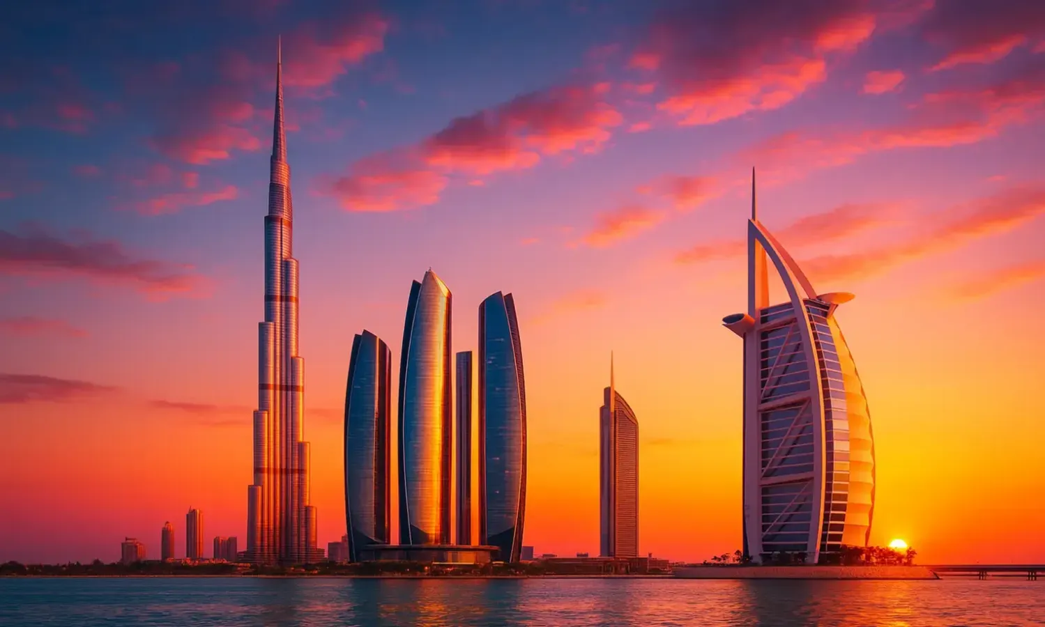 Modern Middle Eastern skyscrapers in AW Connect brand colors symbolizing recruitment, growth, and innovation in the UAE and Gulf region.